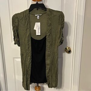 NWT Speechless Olive Green Ruched Sleeve Black Tank Cardigan Blouse
